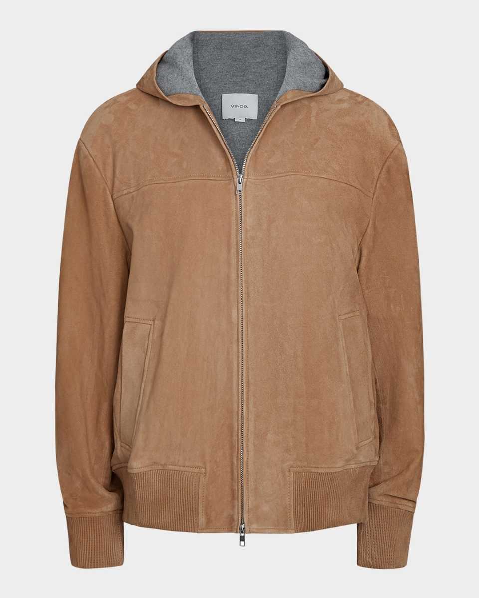 Suede Hooded Bomber Jacket